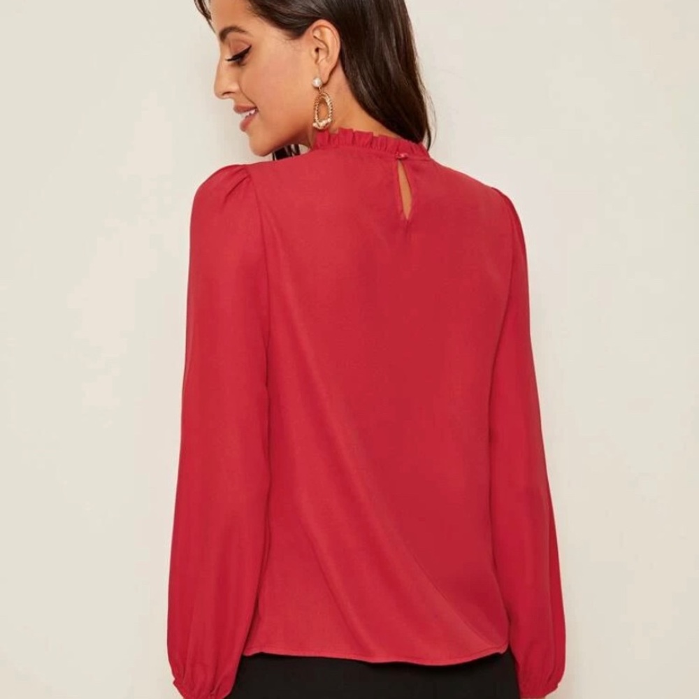 SHEIN NEW Grilled neckline lantern sleeve Red Large - Picture 3 of 4